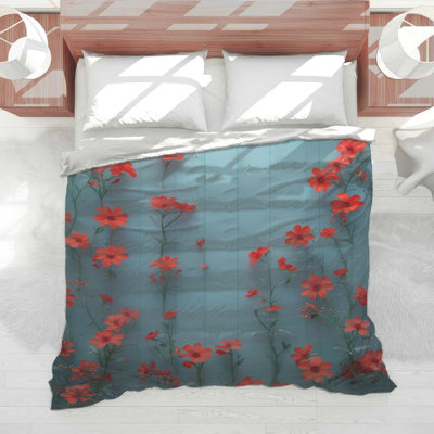 Red Wildflowers On Blue Comforter