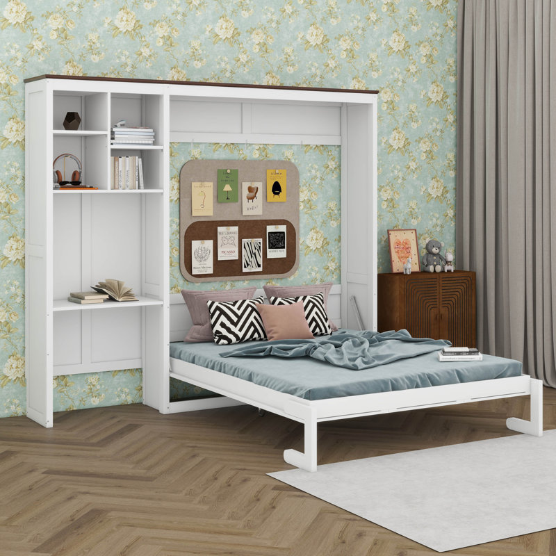 Queen Murphy Bed with Multi-Layer Storage Cabinet & Bookcase,Wood Foldable Space Saving Wall Bed, Multi Vertical Murphy Bed for Guest Room