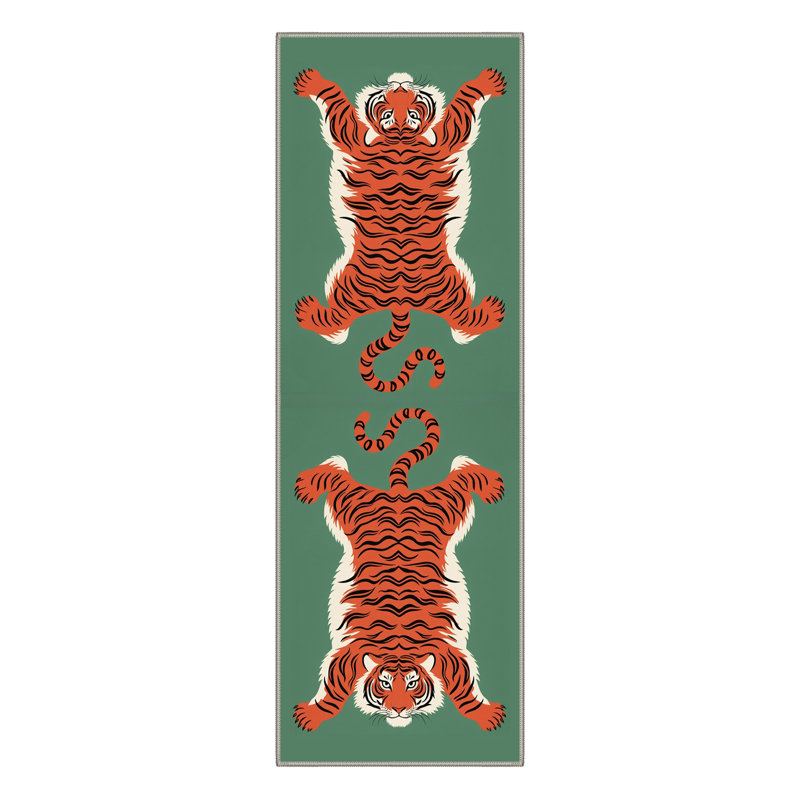 Tapis vert / orange lavable à la machine avec envers antidérapant Kai Emerald Jungle Tiger, Tapis de couloir 2 pi x 6 pi
