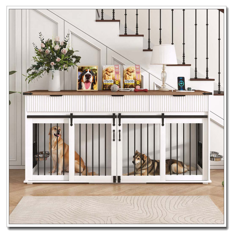 Caisse pour chien 71 po avec 3 tiroirs cannelés, Blanc + noyer