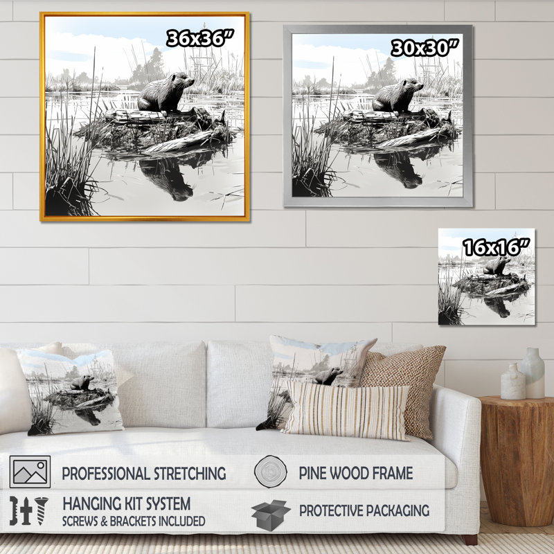 Gray Lake Bliss - animaux, art mural, Cadre flottant brun, H 16 po x l 16 po x P 1 po