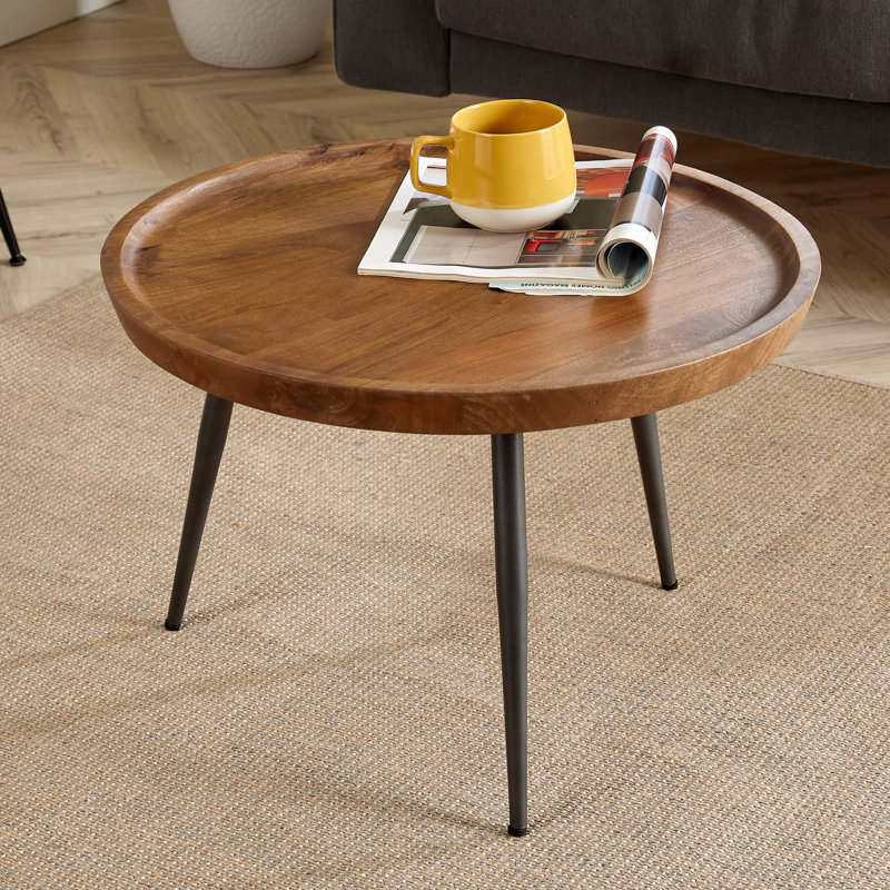 Finzel Solid Mango Wood Industrial Round Coffee Table with Metal Legs, 40cm H x 60cm W x 60cm L