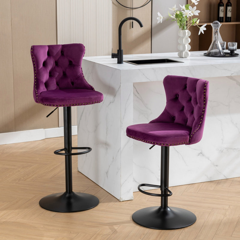 Swivel Velvet Barstools Adjusatble Seat Height From 25-33 Inch,17.7 Inch Base, Modern Upholstered Bar Stools With Backs Comfortable Tufted For Home Pub And Kitchen Island,Set Of 2