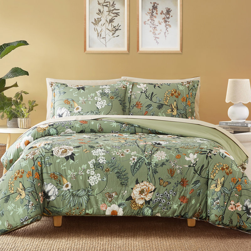 Comforter Set, Comforter Set with Pattern, Soft Seersucker Design All Season Microfiber Bedding Set, Green Butterfly & Floral