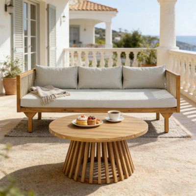 Ensemble de patio extérieur 2 pièces: canapé avec coussins gris et dossier en corde brune + table basse ronde en bois d'acacia, finition teck, hydrofuge, capacité du canapé 600 lb - l 99,0 po x P 63,5 po x 40 po