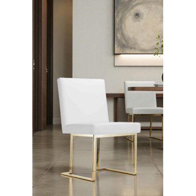 Pangea Home Dexter Modern Upholstered Faux/Vegan Leather Dining Side Chair (Set of 2) – Upholstered Dining Chairs with Steel Legs, Contemporary Kitchen & Dining Room Seating - White with Gold Legs