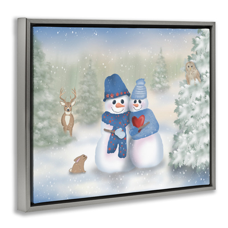 Cadre flottant Snow In Love Snowman Couple, design par Lynn Kellan, H 17 po x l 21 po, Cadre flottant gris lustré