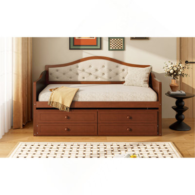 Daybed With Trundle,  Daybed With 2 Storage Drawers, Wooden Sofa Bed With Upholstered Button Tufted Backrest For Living Room, Bedroom, Guest Room