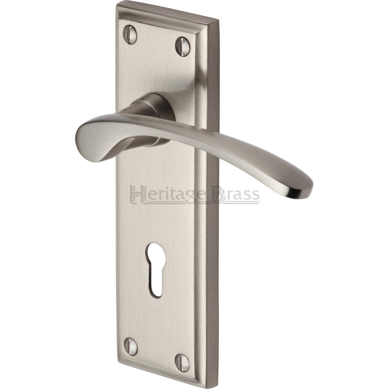 Heritage Brass Door Handle Lever Lock Hilton Design, Satin Nickel