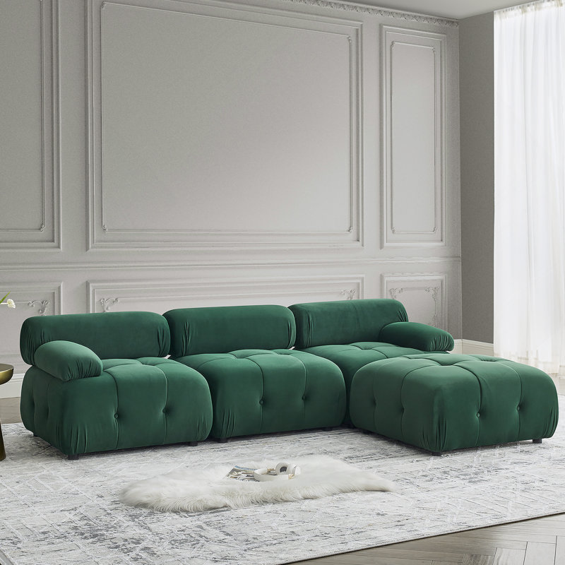Canapé modulaire modulaire, capitonnage à boutons et bricolage, canapé en L avec repose-pieds réversible, Peluche vert foncé