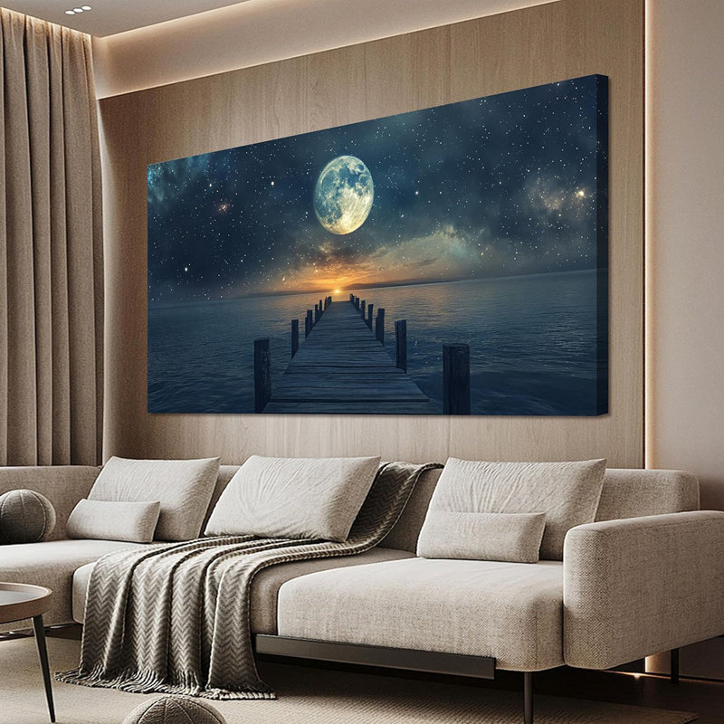 Canvas Wall Art Decor Modern Wall Art Pictures For Living Room Landscape Coastal Wall Art Artwork For Walls Natural Blue Wall Decor Art Prints Star Moon Art Work For Home Office Wall Decor 20" X 40"