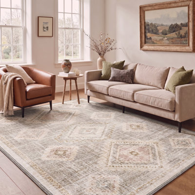 Tapis moderne géométrique ivoire/beige à poils courts, lavable et antidérapant