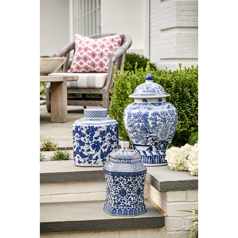 Pot à gingembre en porcelaine bleu / blanc 19 po