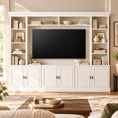 97" Farmhouse Entertainment Center for TVs Up to 70", Wall Unit with Bookshelves, 6-Door Storage Cabinets & Adjustable Shelves, White