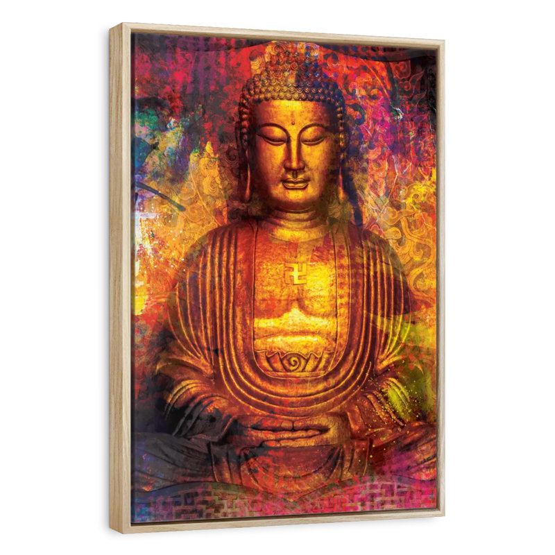 Colourful Golden Buddha, Floating Frame Natural Wood, 17" x 25"
