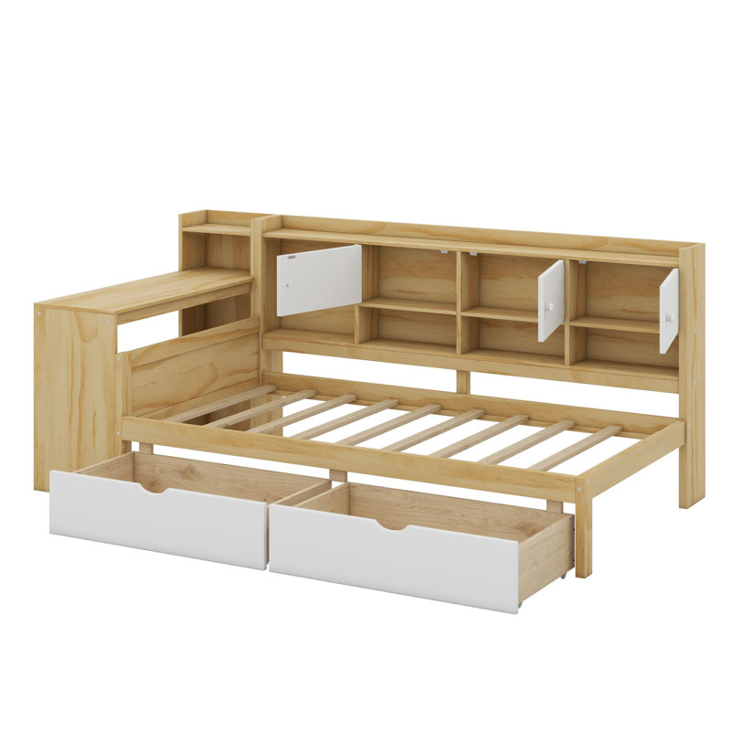 Wooden L-Shape Daybed With Seven Storage Cabinets And Two Storage Drawers,Multi-Functional Bed With Study Desk, Twin