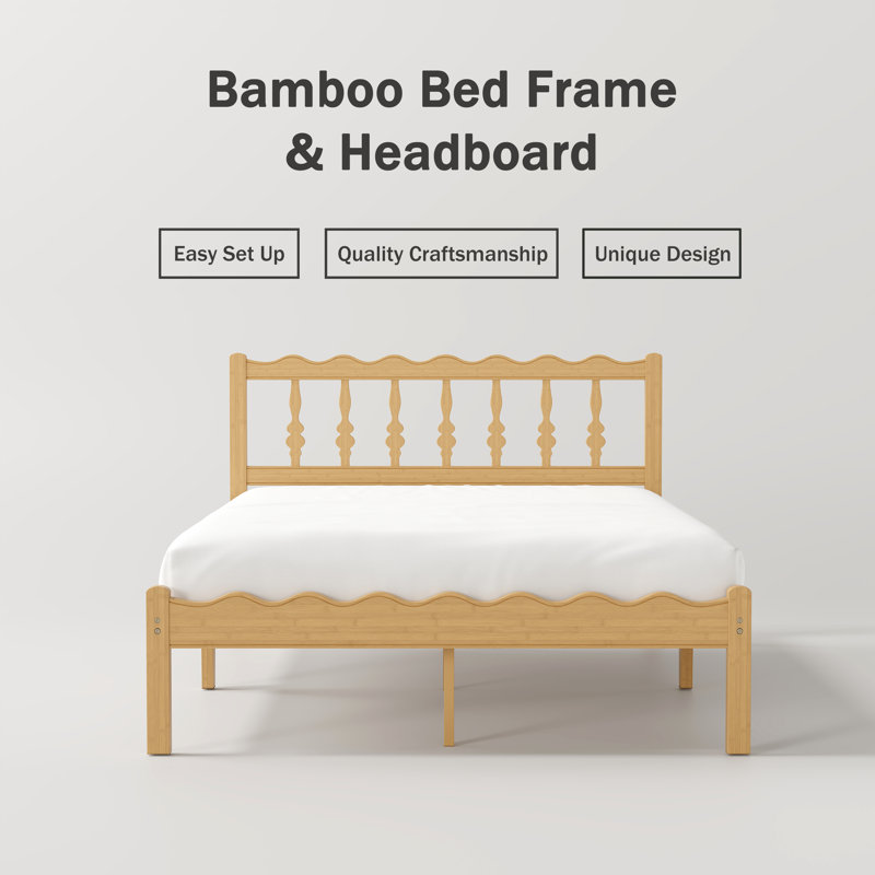 Solid Wood Bed Frame with Wavy Headboard, No Box Spring Needed, Bamboo&Metal, Queen, 14"
