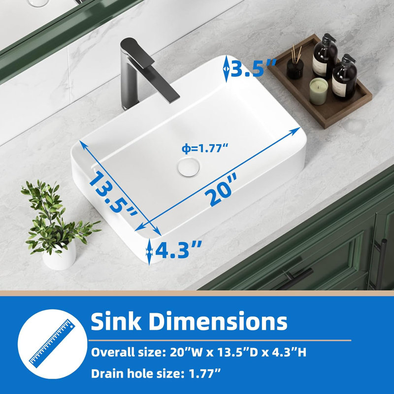 Lavabo de salle de bain vasque en céramique blanche 20 po x 13,5 po, lavabo au-dessus du comptoir pour usage domestique et commercial