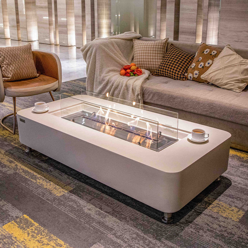 White Rectangular Concrete Ethanol Fire Pit Coffee Table