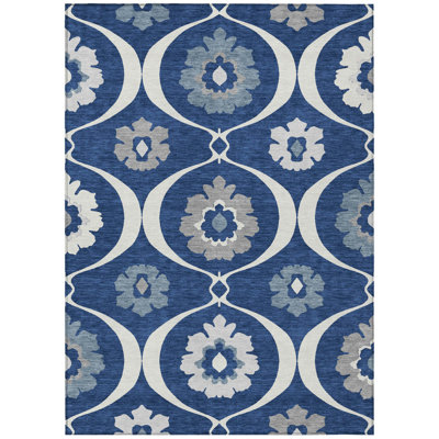Tapis intérieur / extérieur 9 pi x 12 pi bleu marine et ivoire lavable