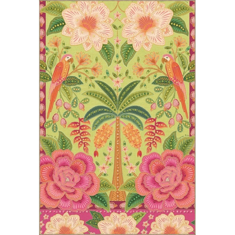 Tapis décoratif vert à motif perroquet et rose, Sous-tapis rectangulaire de 3 pi 3 po x 4 pi 11 po