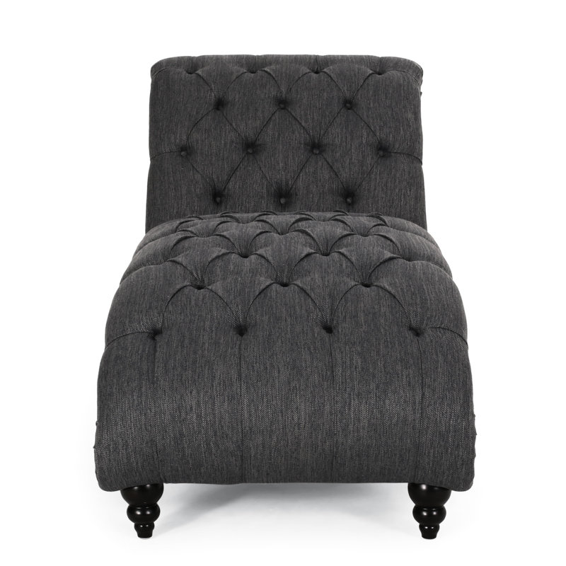 Chaise longue Comfy Curvy, tissu gris anthracite piqué à boutons et à losanges, chaise longue à pieds en bouleau, style bois