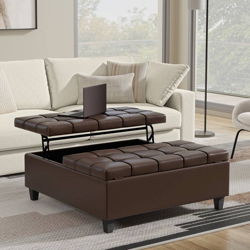 Harrison 40"W Upholstered Large Square Coffee Table Storage Ottoman with Split Lift Top, Harrison Brown Faux Leather