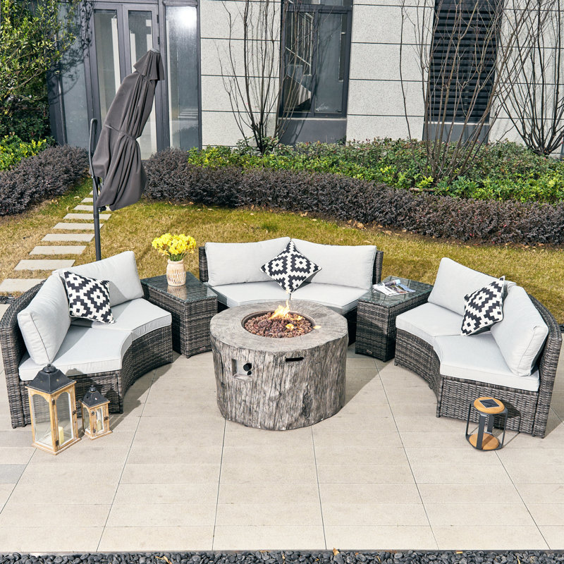 Apphi 6 - Person Outdoor Steel Wicker Fire Pit Conversation Set - Gray