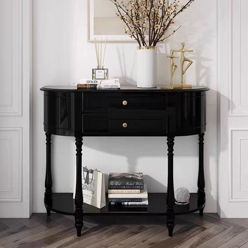 Buffet décoratif demi-rond tout en bois massif All, H 37,2 po x l 47,24 po x P 14,17 po, Noir
