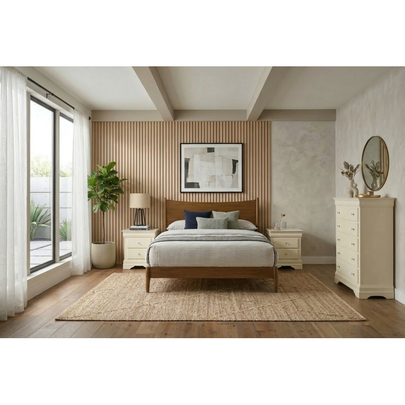 Barvelle Solid Wood 4 Pieces Bedroom Set, 4 Pcs: Bed, Chest, 2 Nightstand, Ivory/Walnut