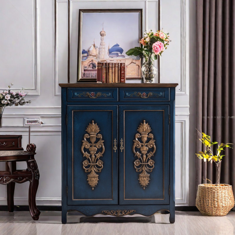Armoire à chaussures en bois massif sculpté et peint 20 paires, Bleu