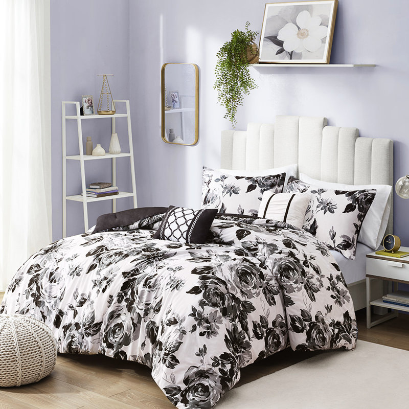 Édredon simple / simple TG à imprimé floral noir et blanc, 1 taie décorative, coussins décoratifs, matériau, grand édredon lavable à la machine, microfibre, 2 taies décoratives assorties, carré