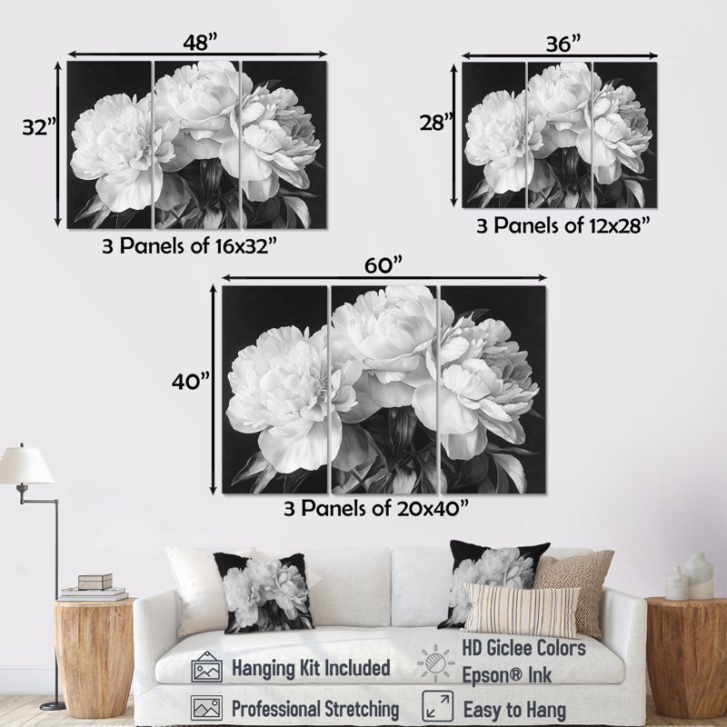 Pivoines en blanc et noir - Décoration murale pivoines - 3 pièces, H 40 po x l 60 po, Toile tendue, Ne s’applique pas