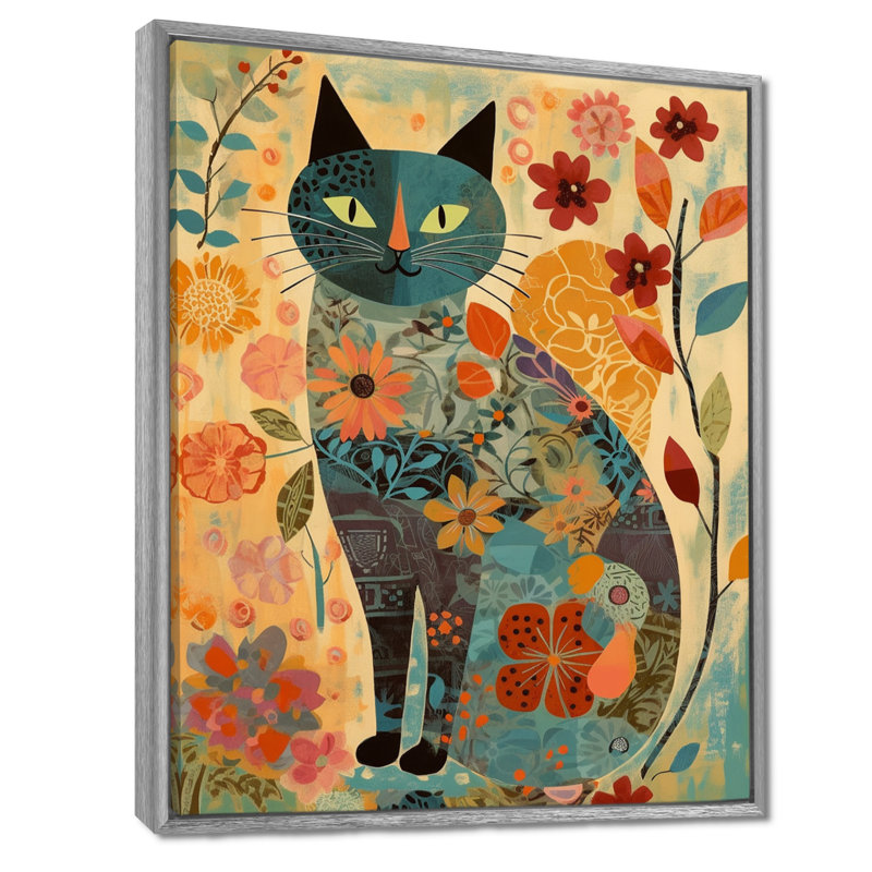 Boho Cat Flower Collage - Art mural chat, Toile avec cadre argenté, H 32 po x l 16 po x P 1 po