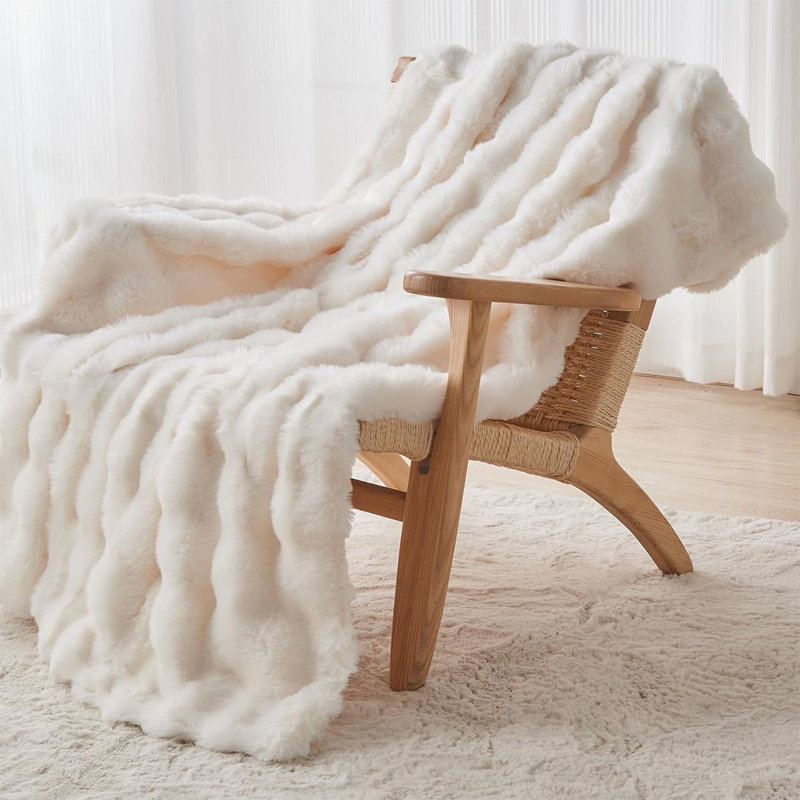 Couverture en fourrure de lapin haut de gamme à poils longs épais et chaud convient au lit et au canapé., Blanc
