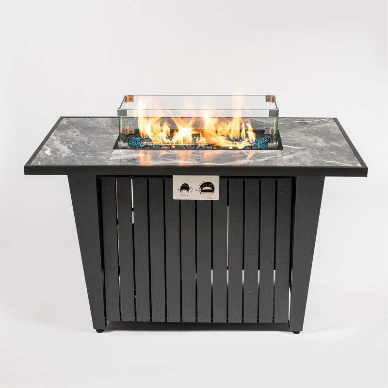 Foyer de table au propane 42 po 42 po, foyer rectangulaire en acier de 50 000 BTU avec pare-vent en verre pour patio extérieur - gris