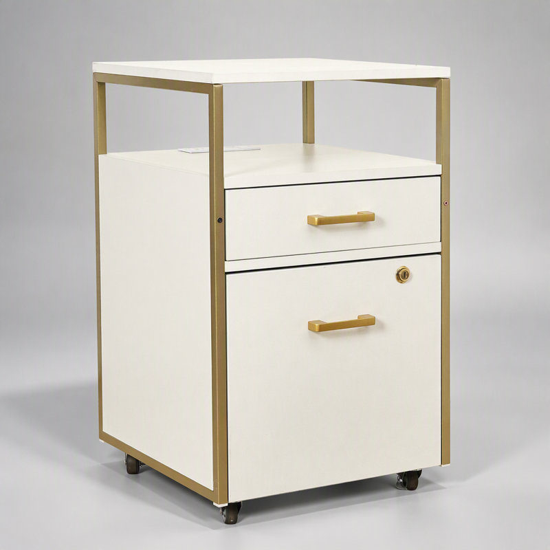 Classeur moderne à 2 tiroirs avec tiroir verrouillable, 2 ports de chargement USB, prise de courant et roulettes verrouillables, blanc et or