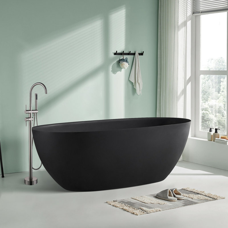 Bathroom Artificial Stone Freestanding Soaking Bathtub With Overflow Port, Black