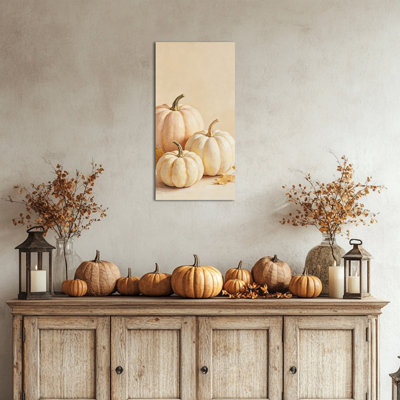 Vertical Pumpkin Canvas Wall Art, Farmhouse Fall Painting, Neutral Autumn Harvest Picture Artwork for Living Room, Kitchen, Thanksgiving, Entryway, 20×40 Inches