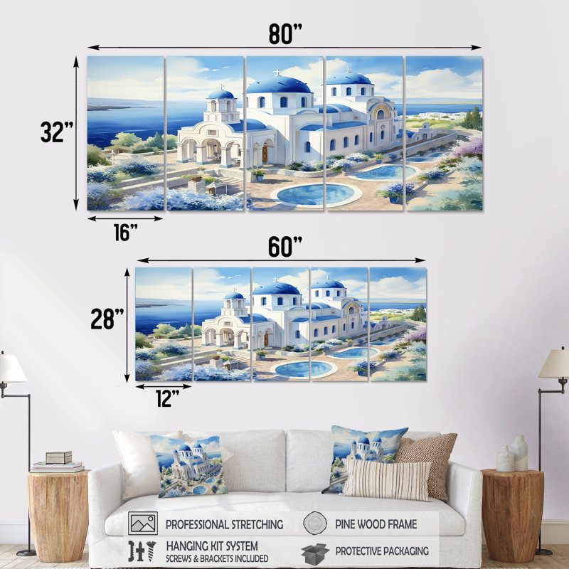 Coastal Orthodox Church In Grèce I - Grèce, art mural sur toile 5 pièces, H 32 po x l 80 po