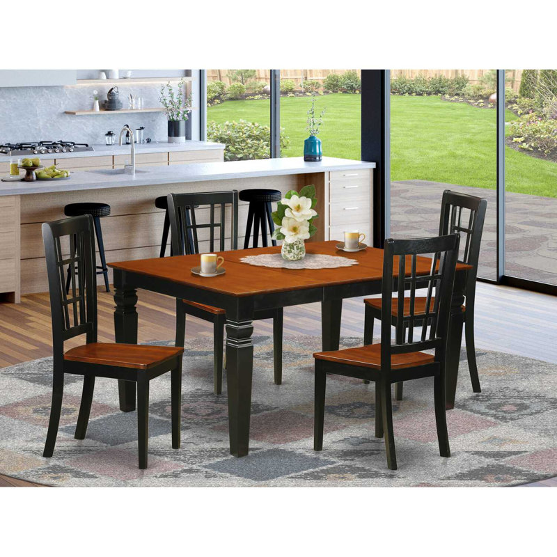 Ensemble de 5 pièces pour 4 pièces comprenant une table de salle à manger rectangulaire avec rallonge papillon et 4 chaises, noir et cerise