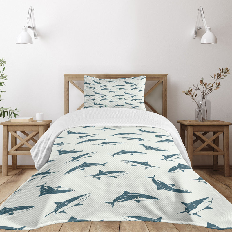 Twin Blue Quilted Shark Bedspread Set with Pillow Sham