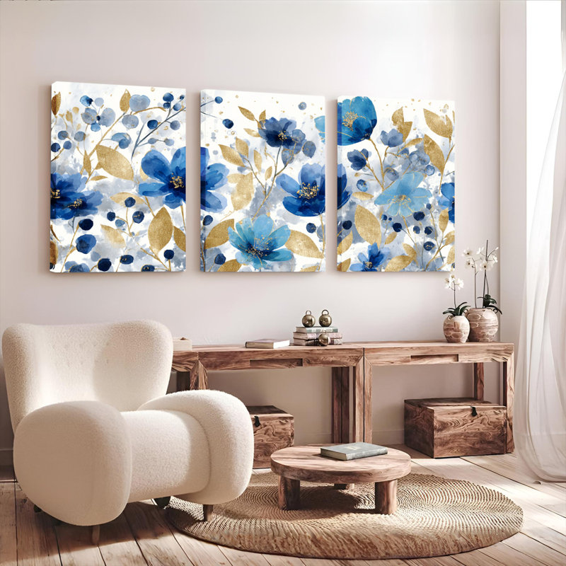 Ensemble de 3 tableaux abstraits sur toile tendue, à motifs floraux bleus et feuilles d'or, H 30 po x l 60 po