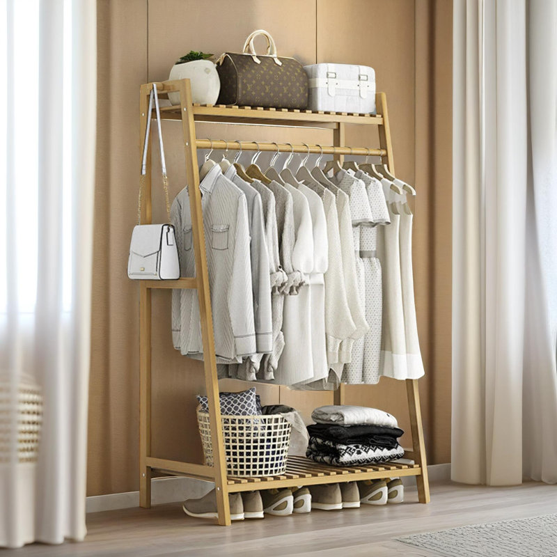 140CM x 50CM Bamboo Clothing Rail Clothes Rack Garment Rail With Shelves Bedroom Furniture
