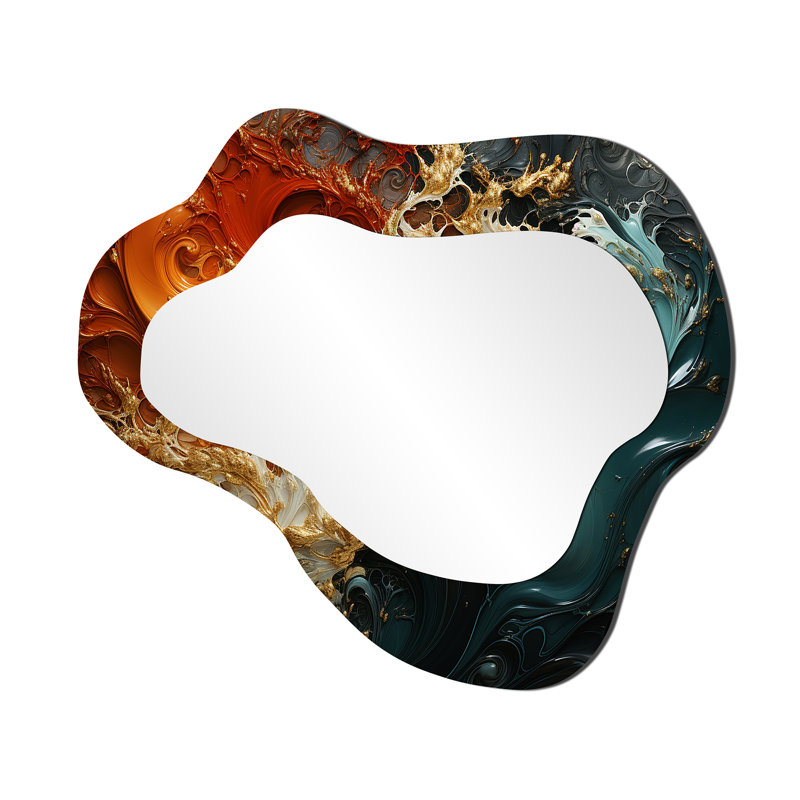 White blue and orange ink storm I - Abstract Painting Asymmetrical Decorative Mirror, Modern Cloud Wall Mirror, Printed Metal Art