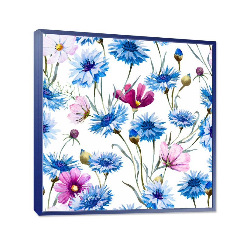 Bleu et rose, bleuet sauvage, reproduction sur toile, H 30 po x l 30 po x P 1 po, Toile encadrée bleu