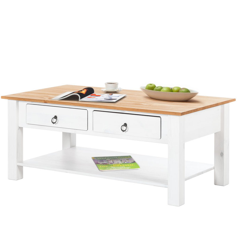 Embry Solid Wood Four Leg Coffee Table with Storage, White, Honey