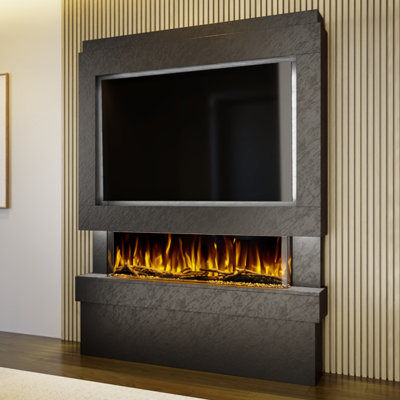 Evolution Fires Pre-Built Media Wall Package 5, finished in textured Venetian Plaster, includes Spectrum Series 44 Series 3-Sided Electric Fireplace
