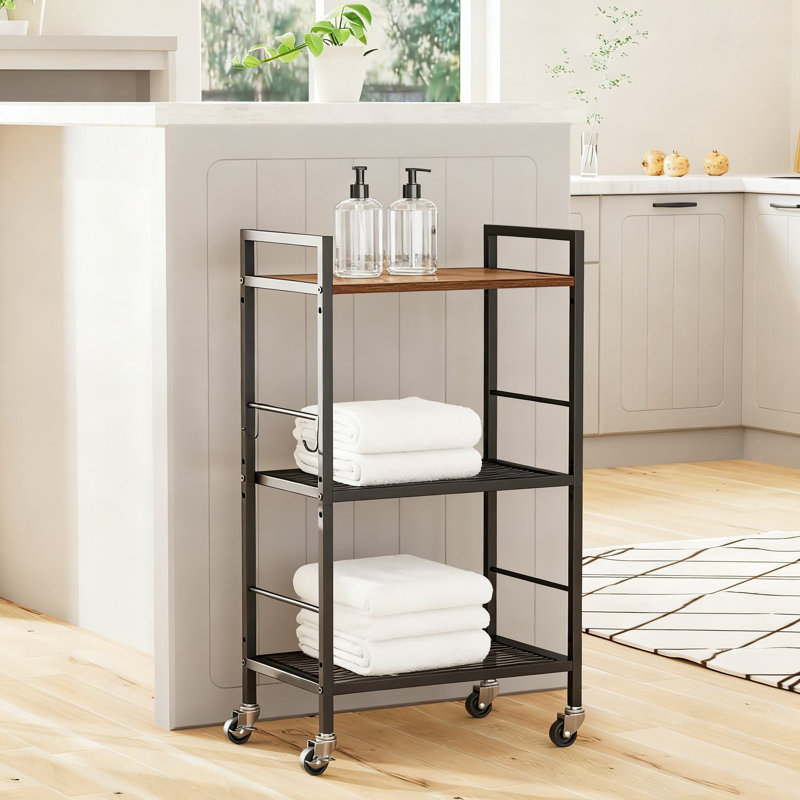 3-Tier Metal Storage Cart With Industrial Wheels & Wooden Tabletop, Adjustable Shelving Unit For Kitchen, Laundry, Pantry, And Plant Display