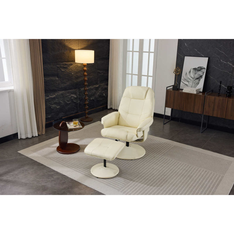 089-Fauteuil inclinable de massage avec repose-pieds, fauteuil de bureau pivotant à 360 ° avec siège chauffant et dossier réglable, polyuréthane, beige